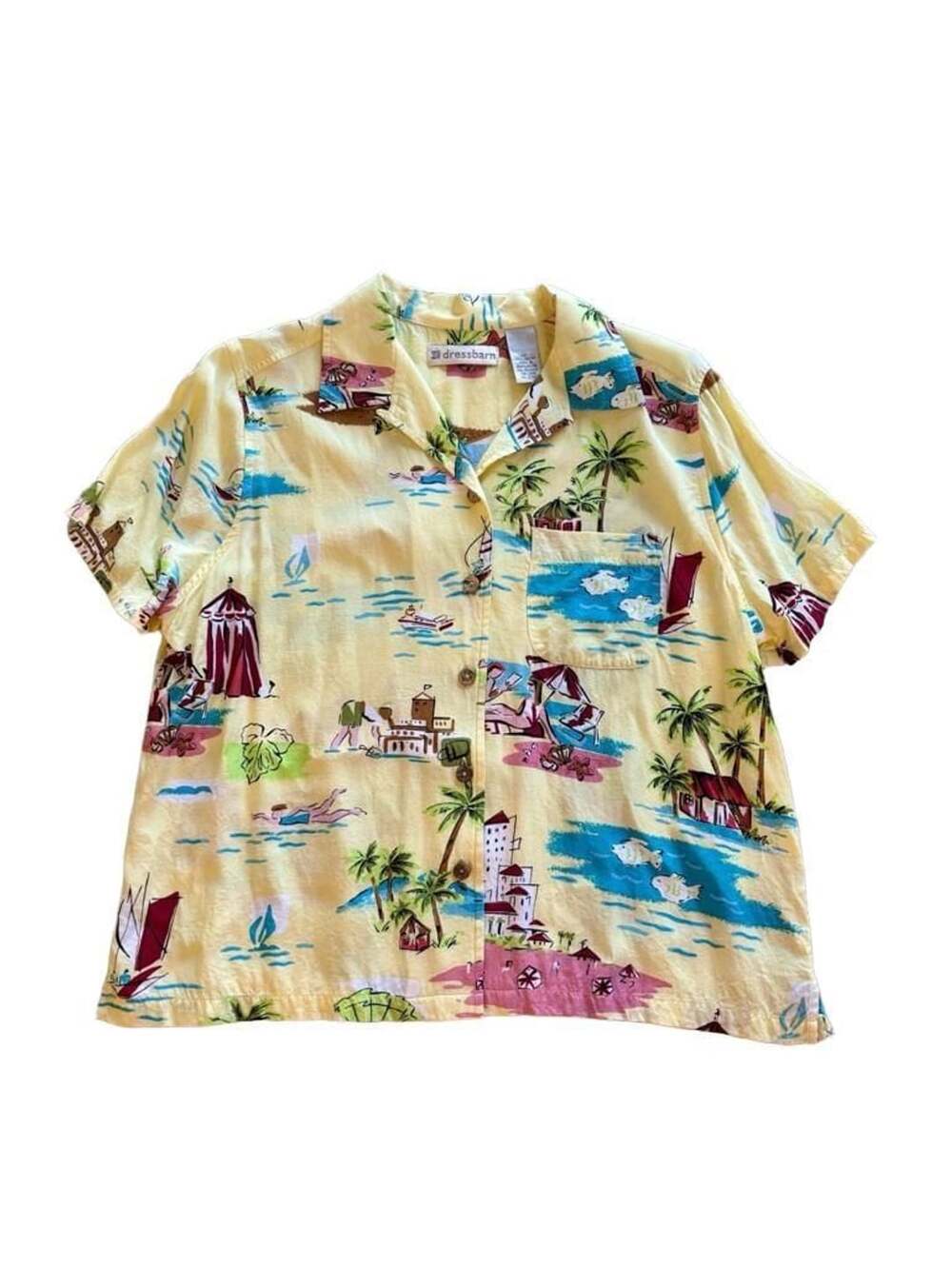 Dressbarn Beach Scene Print Short Sleeve Button Down Shirt Size M Yellow